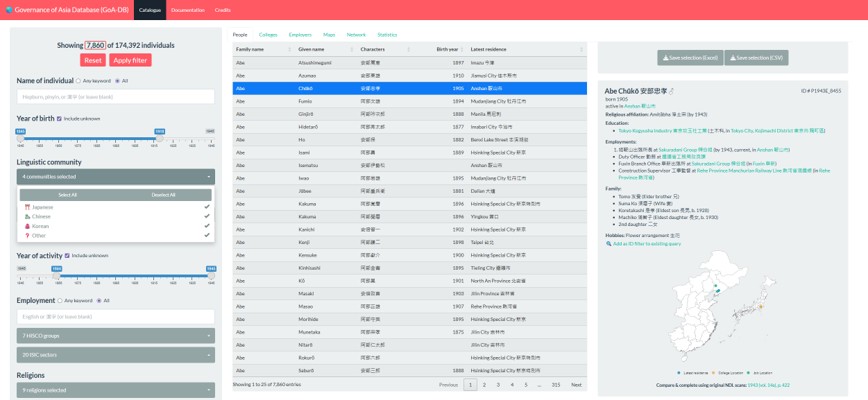Screenshot of the Governance of Asia Database interface: filters, a table of individuals, and a profile with career entries and a map.