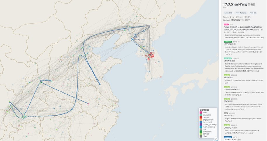 Map of northern China and Korea with the inferred itineraries of Chinese prisoners of war, and a timeline panel for one soldier.